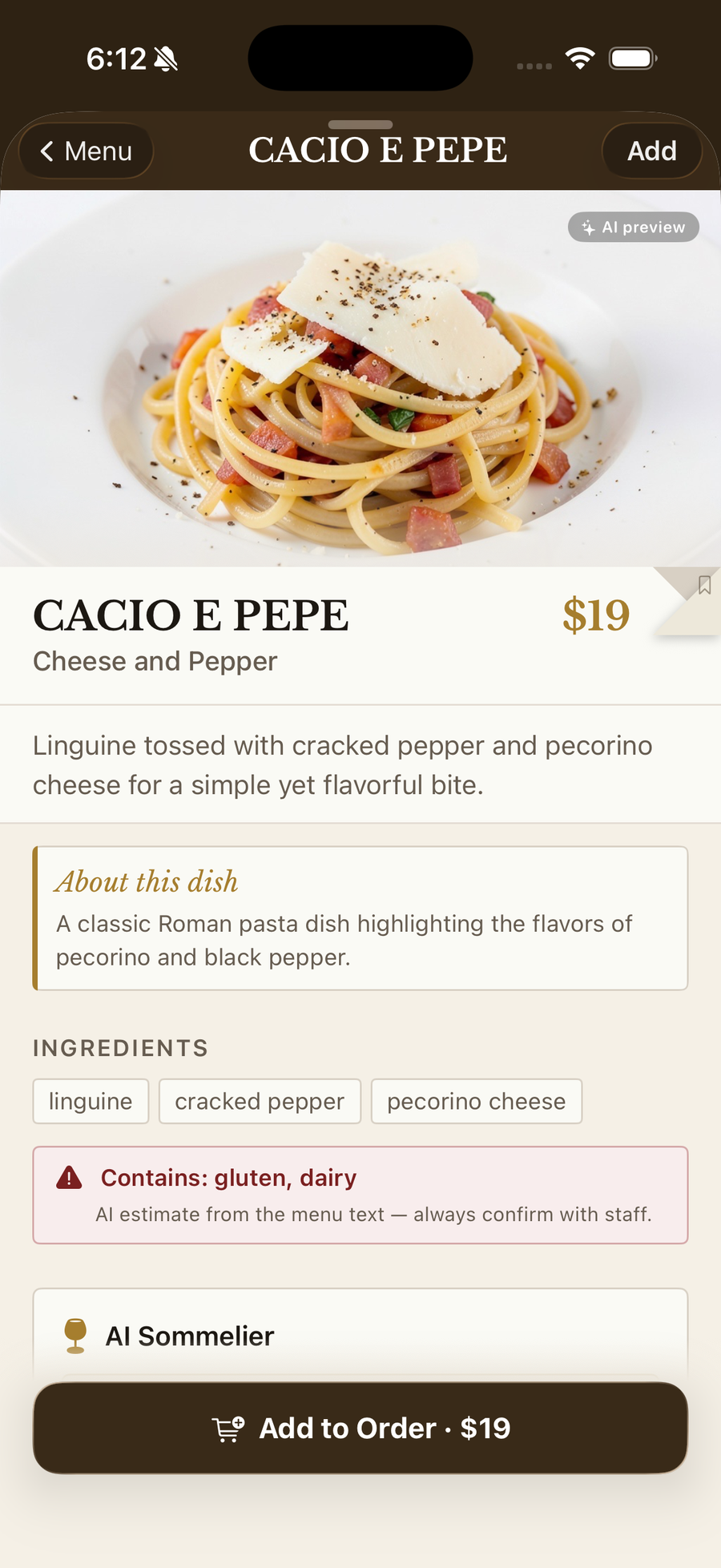 Dish detail: AI photo, description, ingredient chips, a red allergen warning, and a nutrition grid