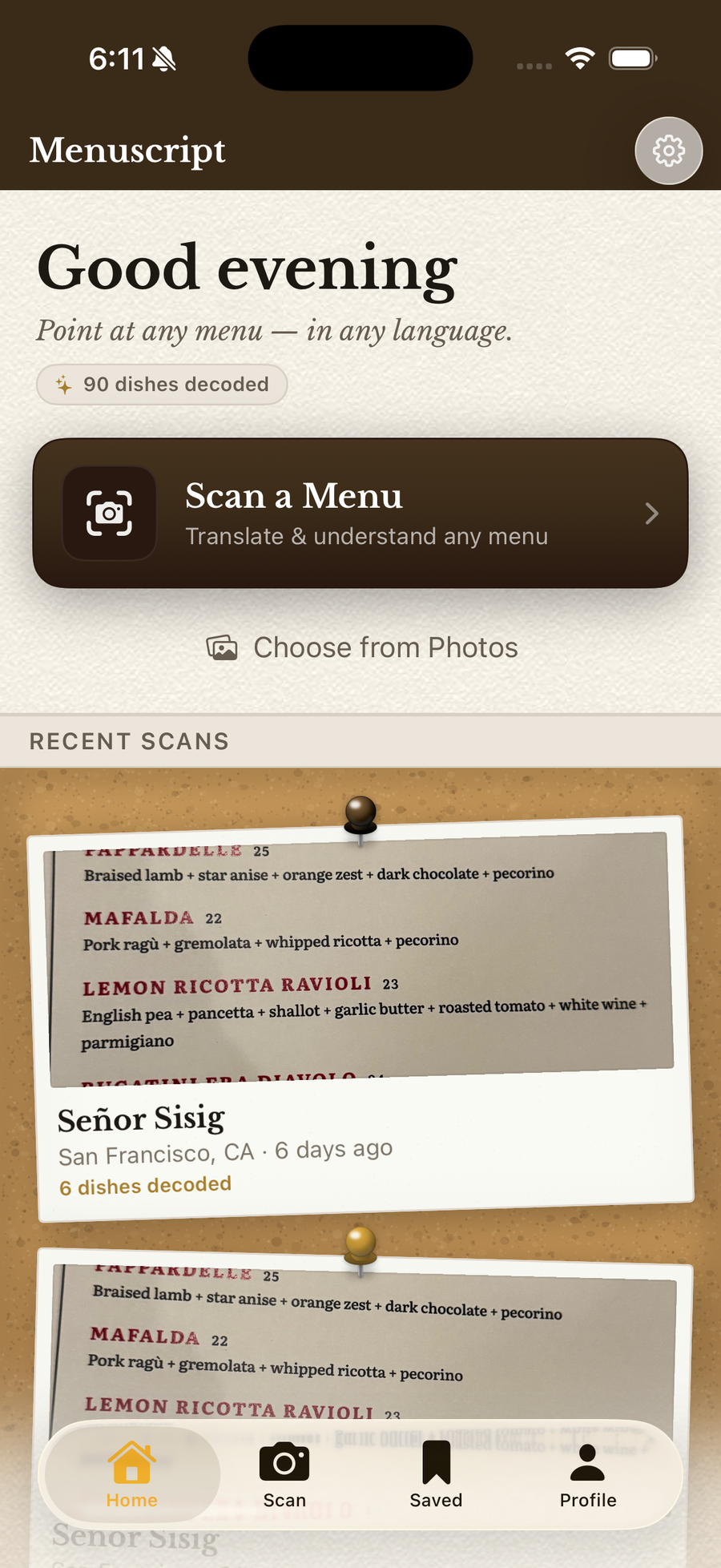 Menuscript home screen with scan options and a cork board of recent scans