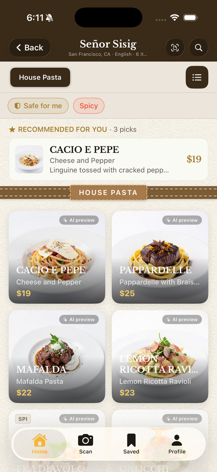Menuscript showing a scanned menu with AI-generated dish photos, prices, and a Chef's Pick badge